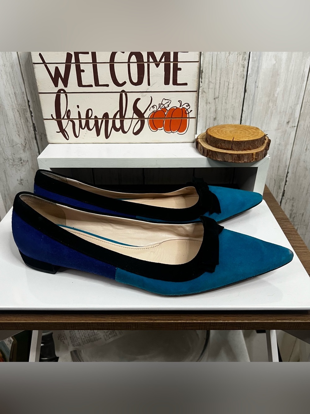 Women's Prada Pointed Toe Suede Flats in Teal and Navy with Black Trim